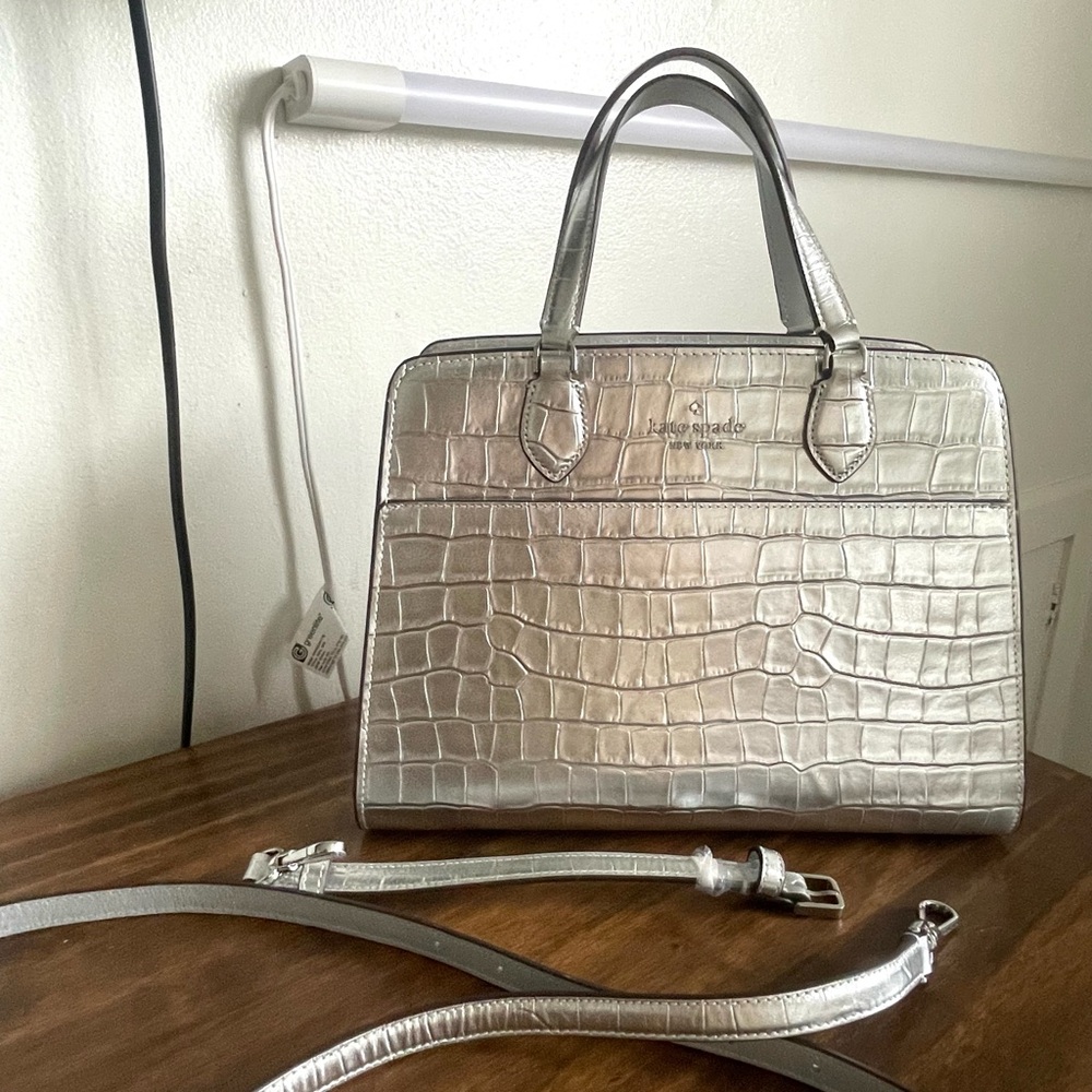 kate spade metallic silver croc-embossed satchel with detachable strap